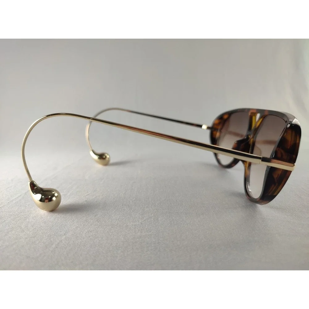 Women's Tortoise Shield Aviator Sunglasses Gold Teardrop Temples Gradient Lens